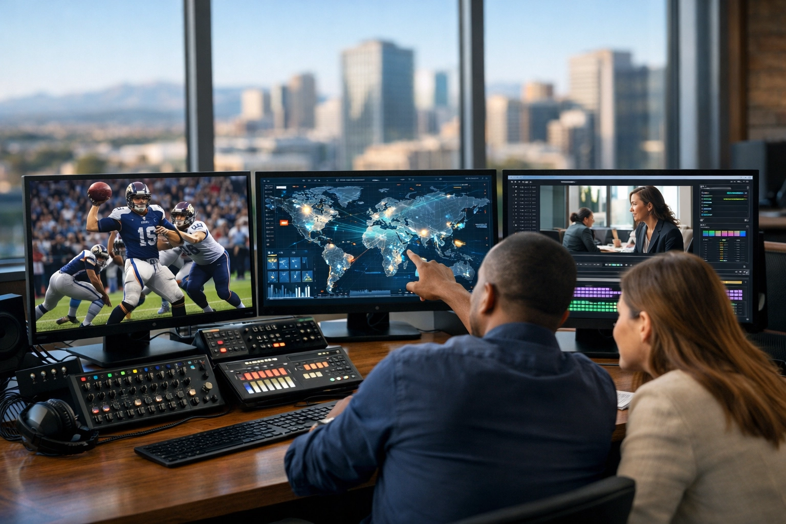 Media production team in a Colorado office creating cross-industry solutions for the sports and logistics sectors.