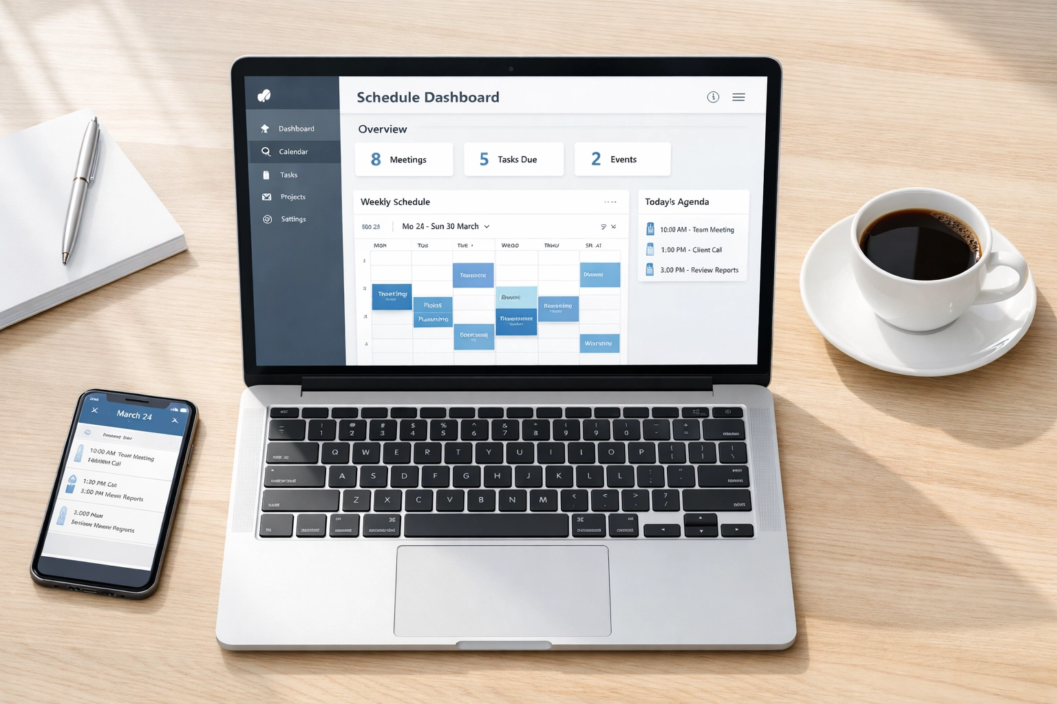 Modern desk workspace with scheduling dashboard for cleaning service operations