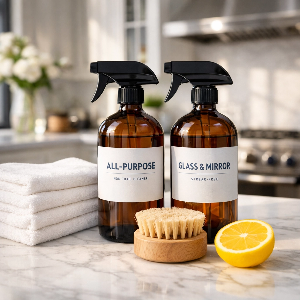 Eco-friendly house cleaning MA supplies including amber spray bottles and microfiber cloths on a marble counter.