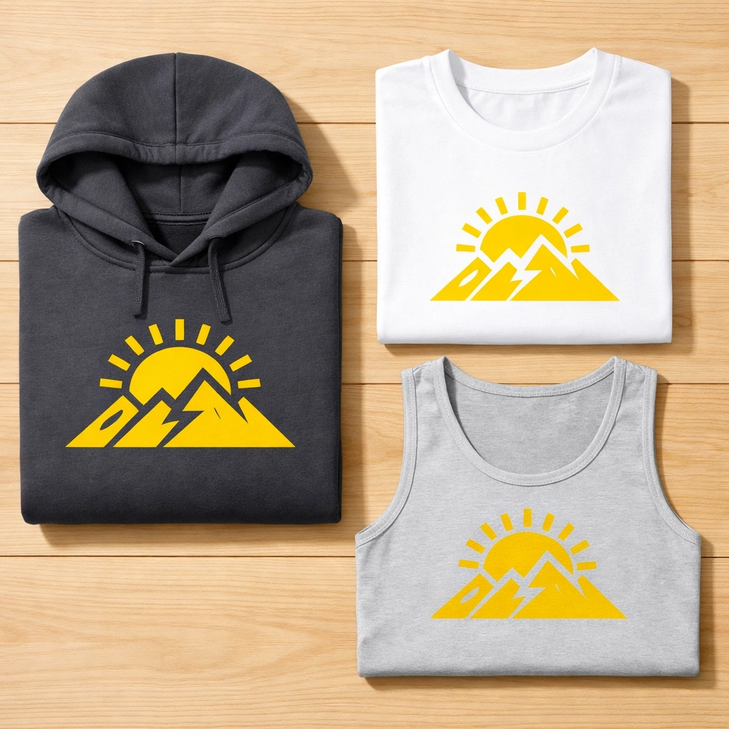 Flat-lay set of matching custom hoodies and t-shirts illustrating bulk order style variety.