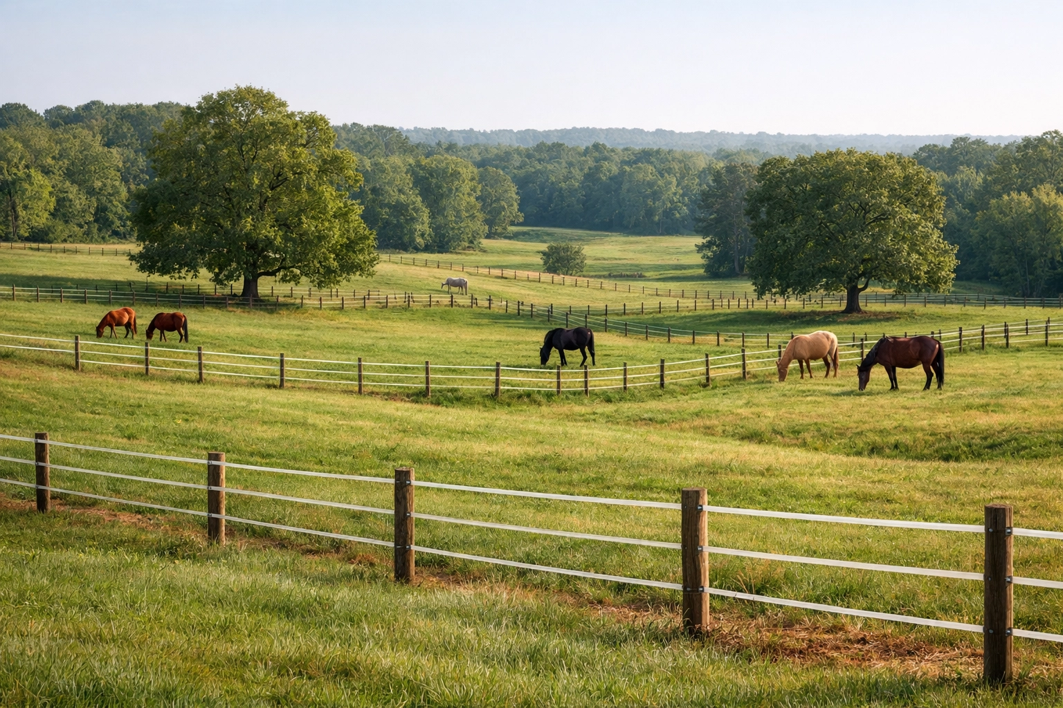 Healthy horse pastures with proper fencing and horses grazing in North Carolina