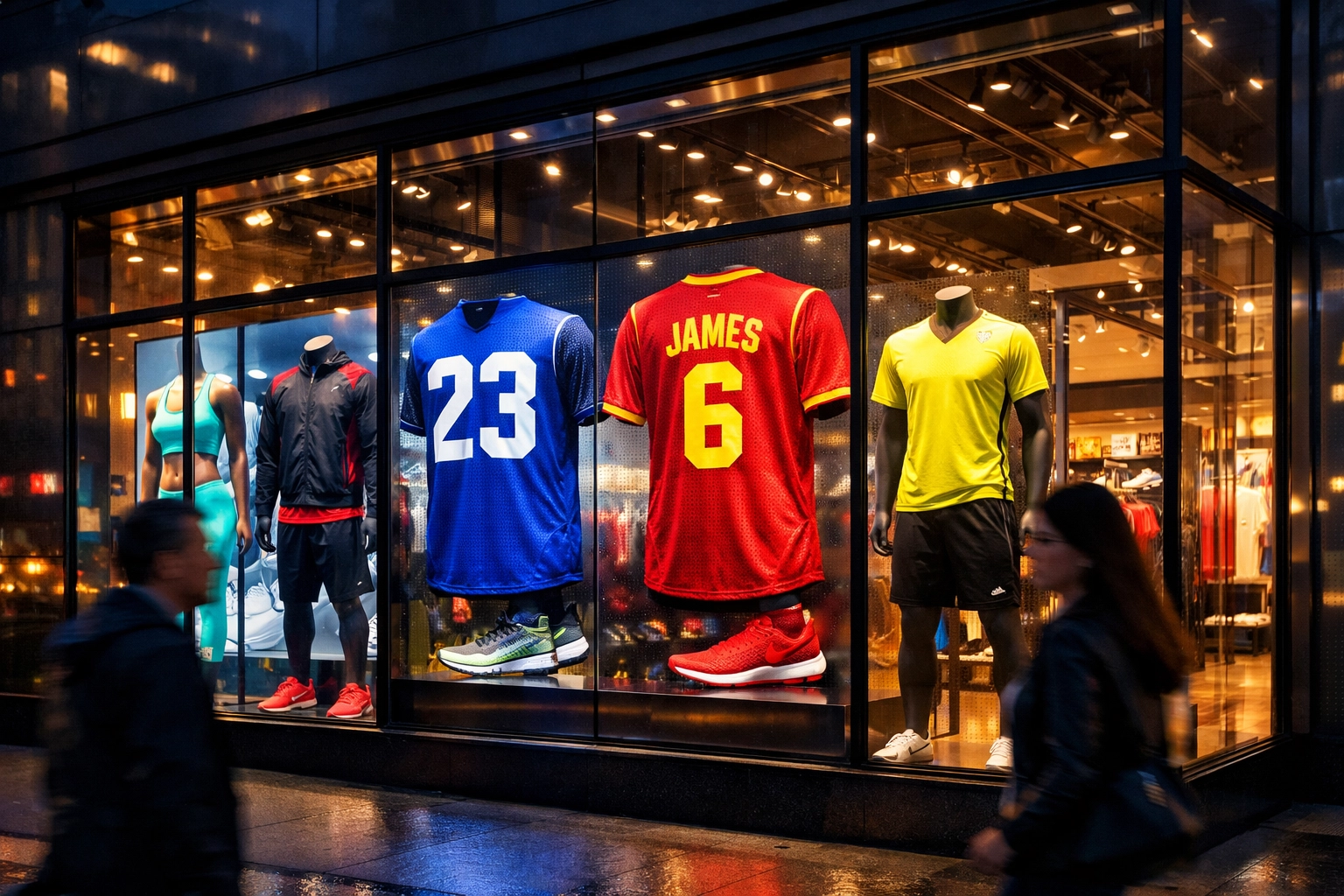 Digital retail displays at a sports store showcasing athletic apparel during a game day event.