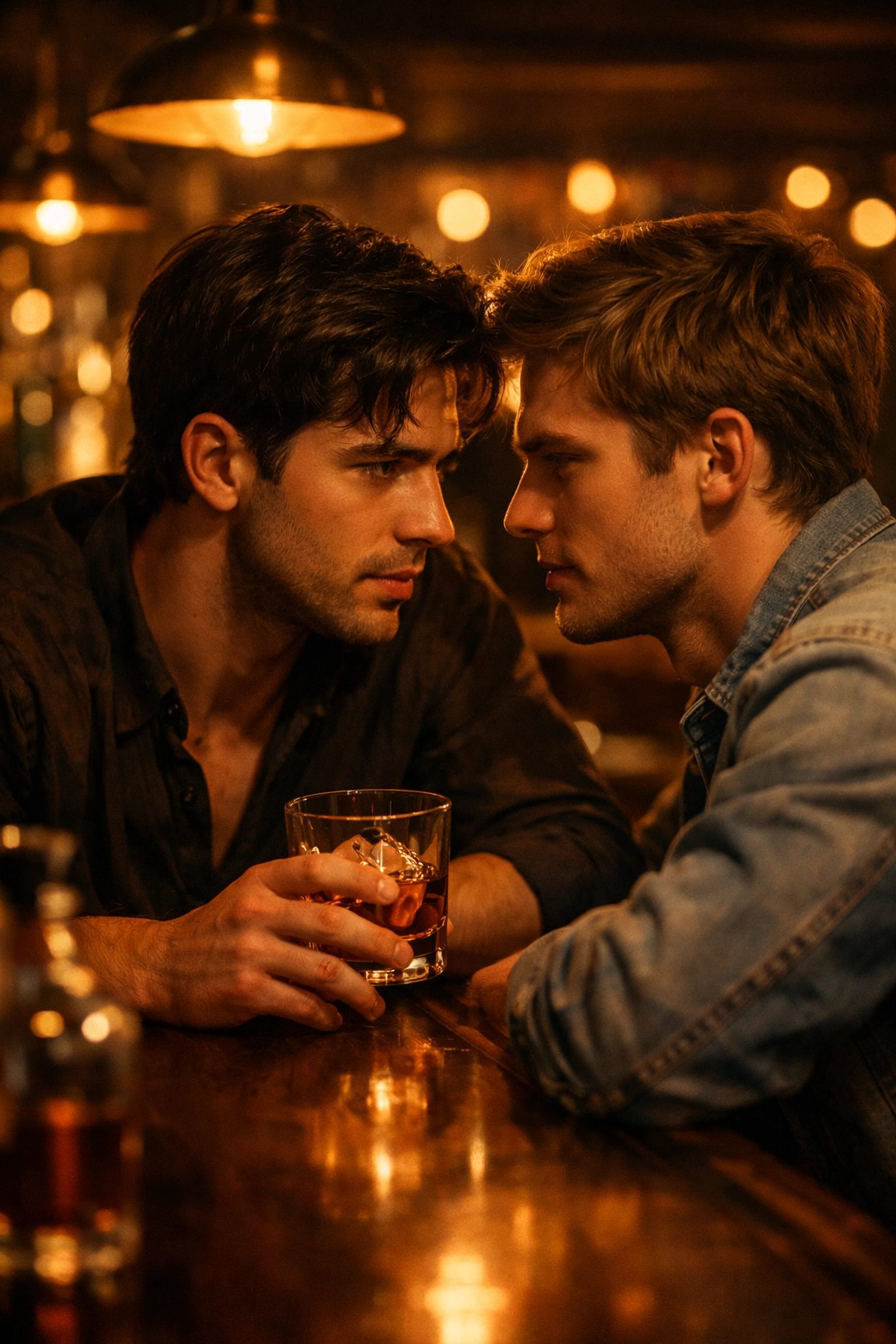 Two men sharing intimate confession moment at bar with whiskey in MM romance scene