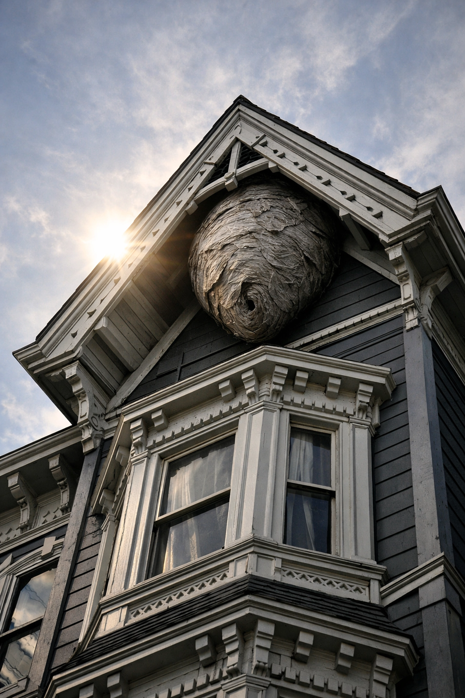 Large hornet nest built high under the eaves of a Victorian home in Westchester.