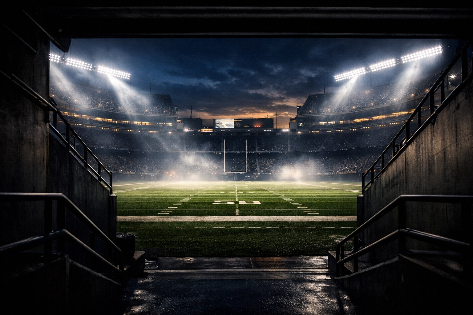 View of a professional football stadium at night representing the preparation for Super Bowl NIL athlete campaigns.