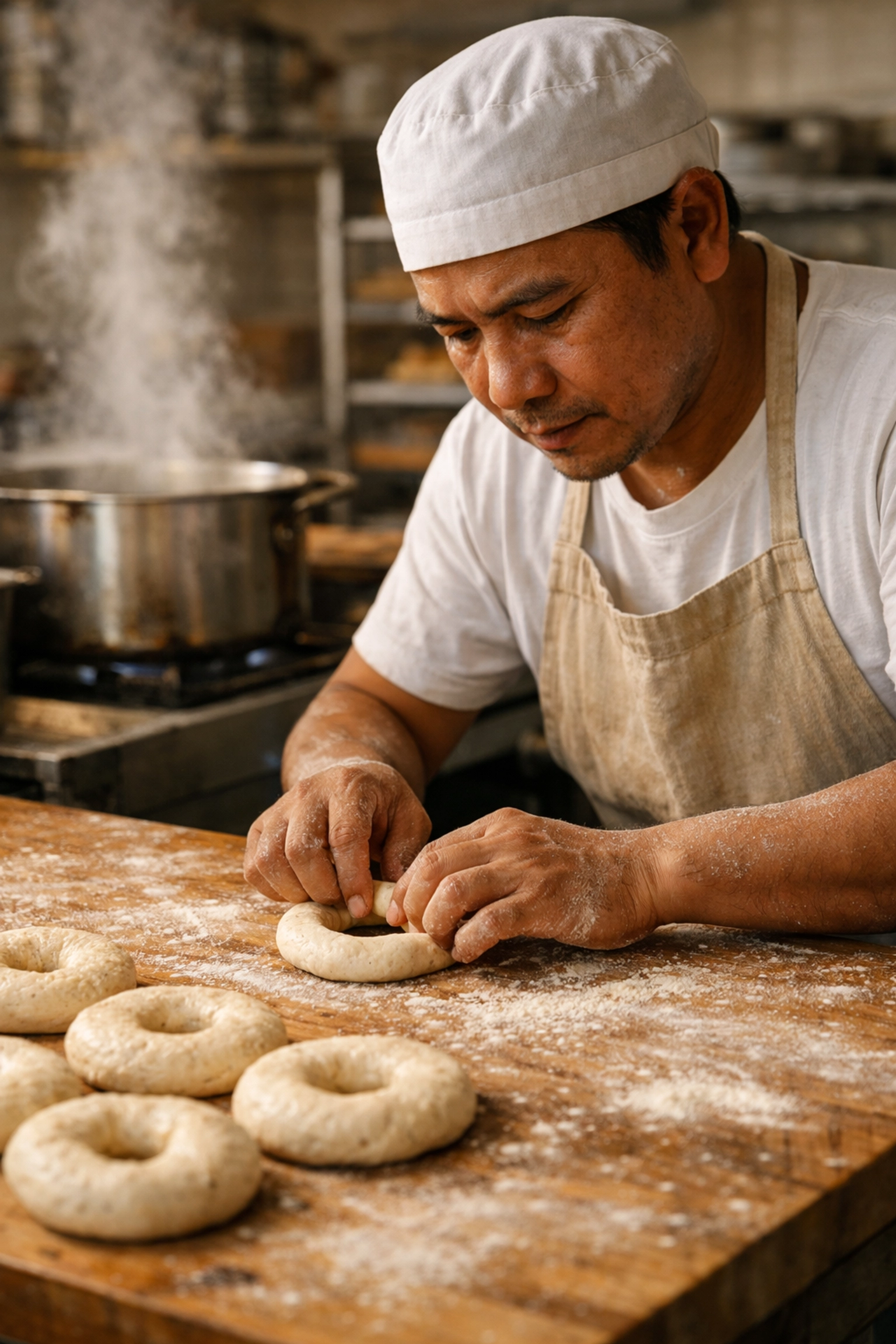 Artisan baker hand-rolling fresh sourdough bagels in the professional Loveski Deli kitchen.