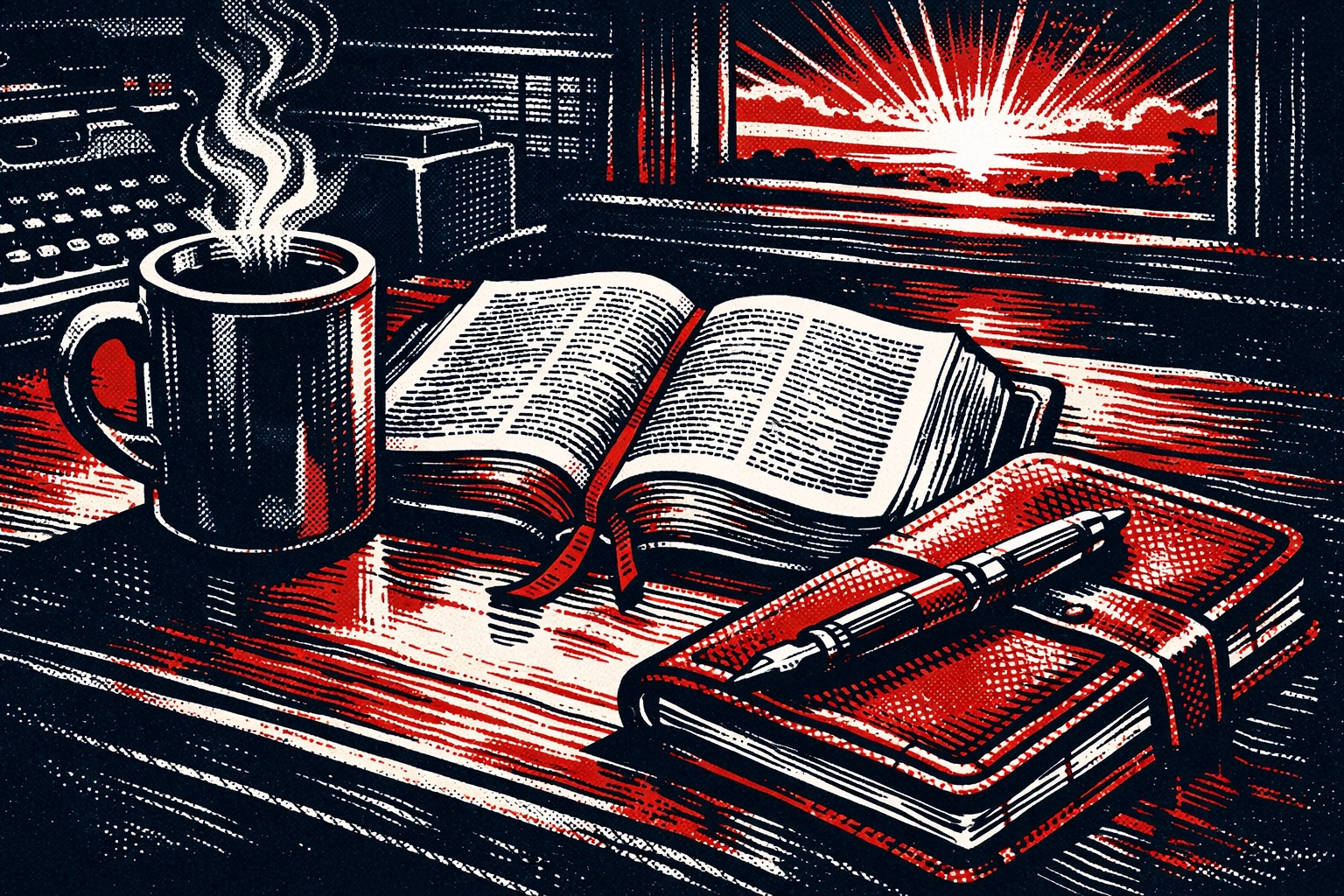 Morning news desk illustration featuring an open Bible and coffee, symbolizing spiritual grounding and peace.