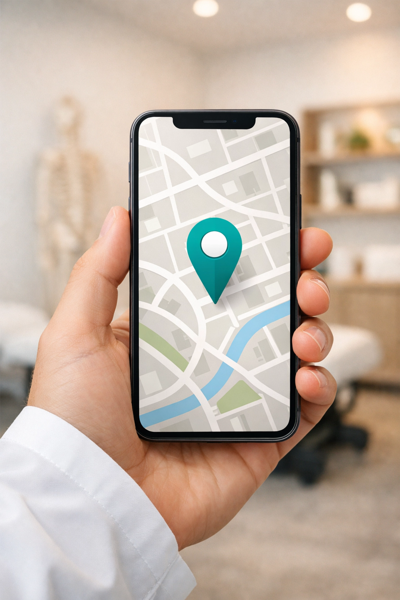 Doctor holding a smartphone displaying a chiropractic practice location in local search results.