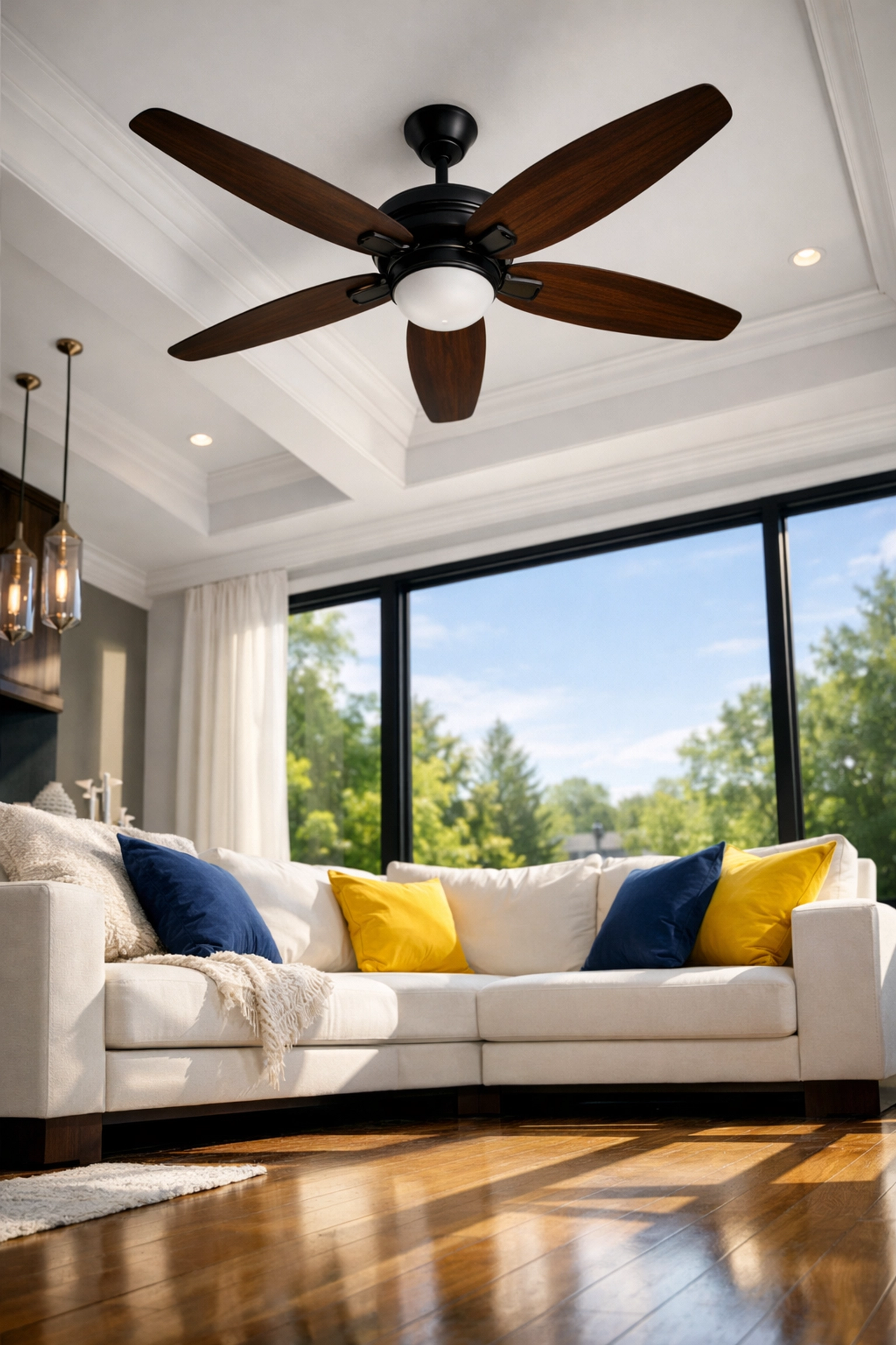 Immaculate living room with a dust-free ceiling fan and sofa after a deep cleaning Medway session.