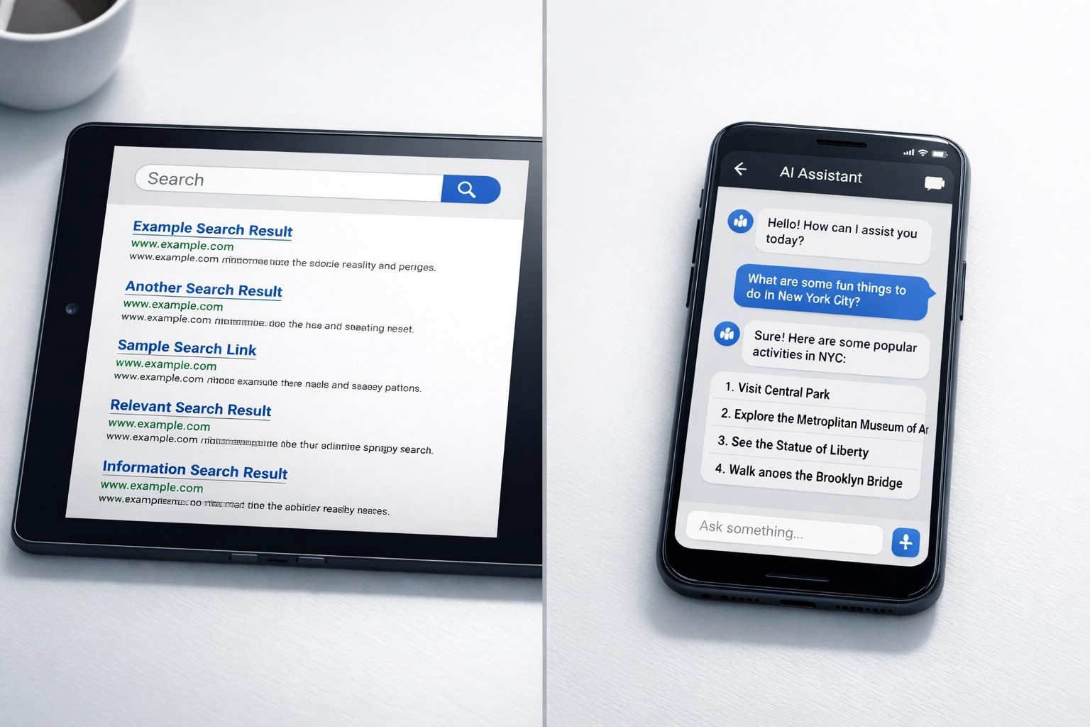 Traditional SEO results compared to AI-powered search interface on mobile devices