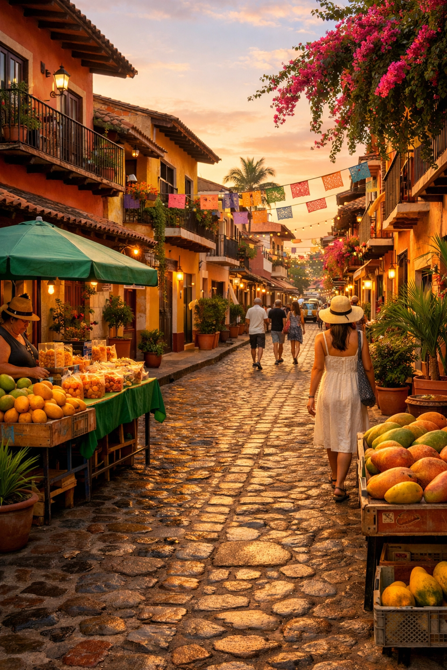 Cobblestone streets in Zona Romantica Puerto Vallarta with local vendors