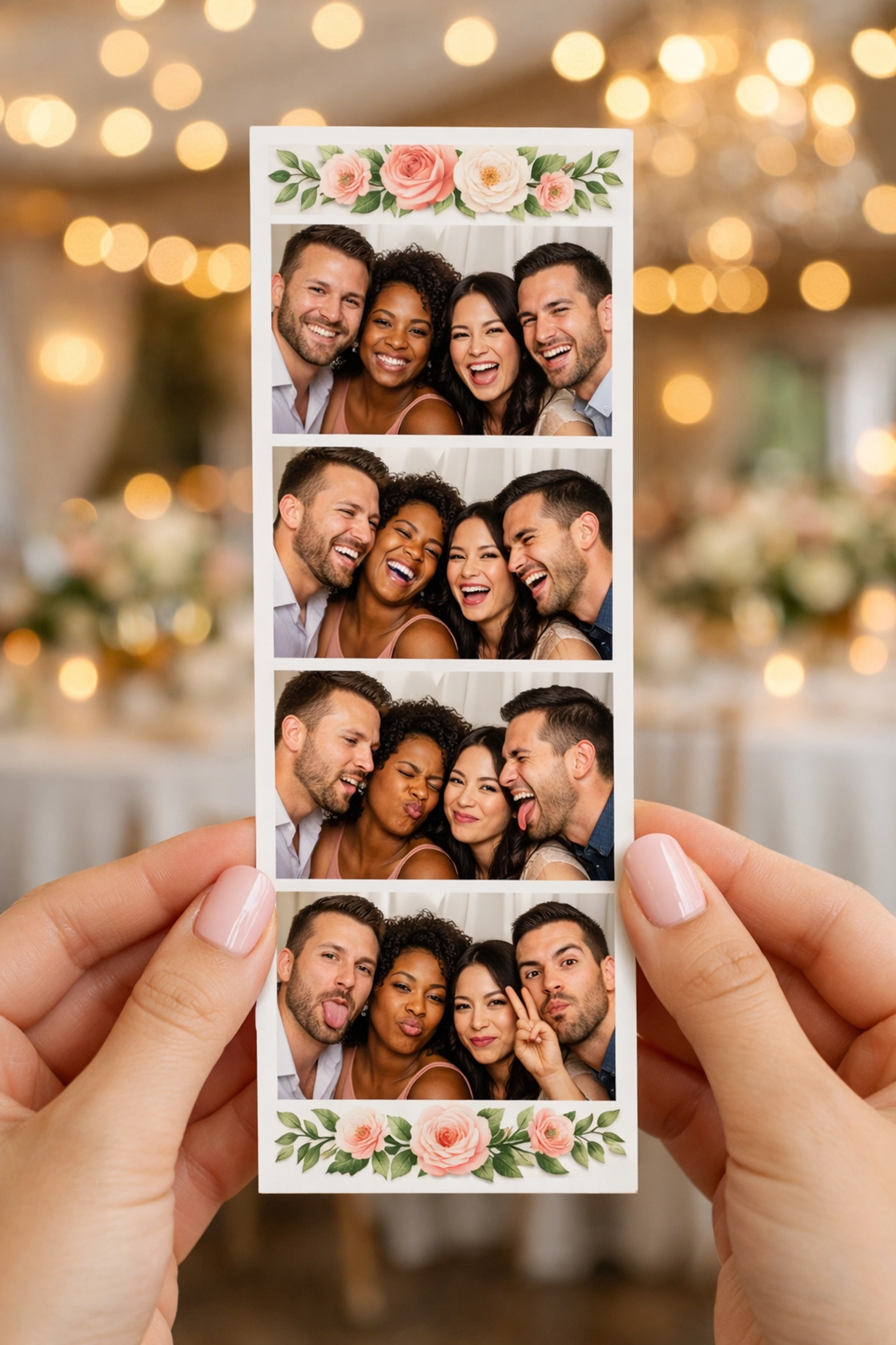 Traditional photo booth prints with custom design held at wedding reception