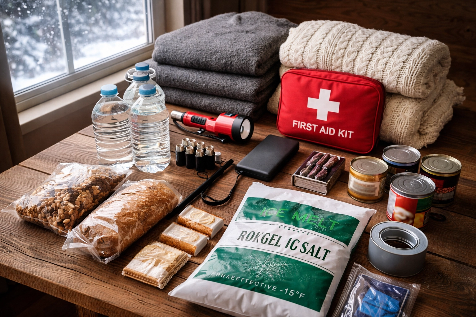 Winter emergency supply kit with essentials on a table, illustrating preparedness for CT storms