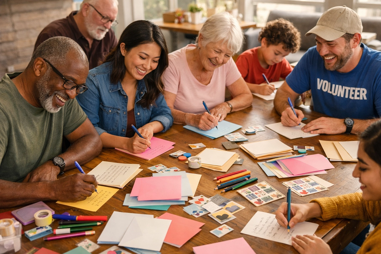 Volunteers writing letters to seniors at community table