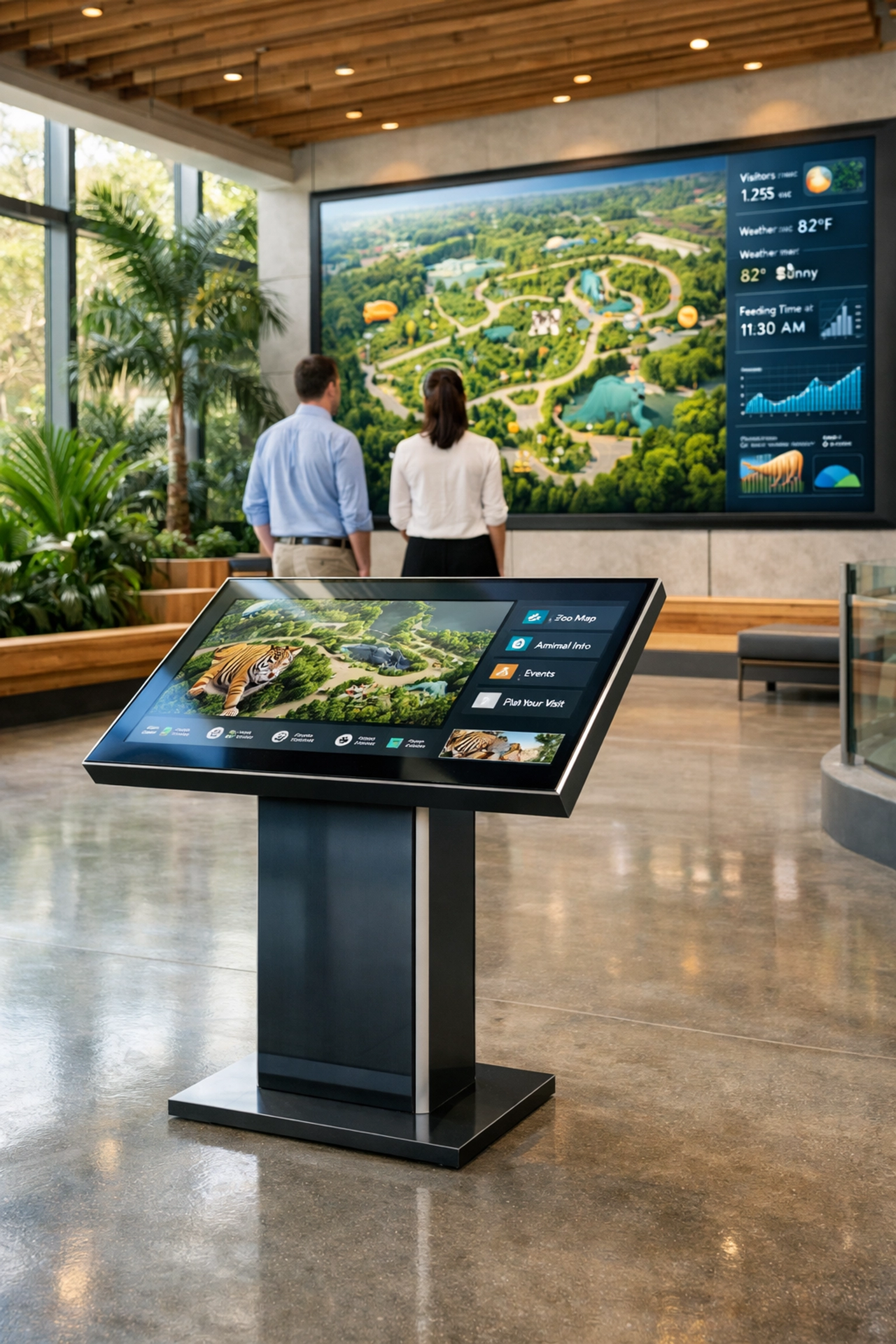 Modern zoo visitor center featuring an interactive touch-screen kiosk and dynamic digital signage map.