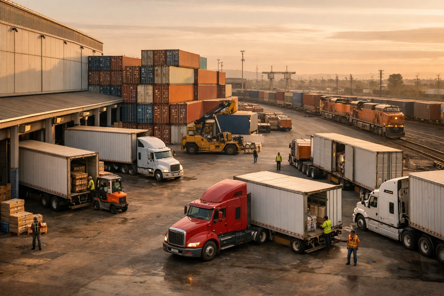 Multi-modal freight terminal with trucks, containers, and rail transportation