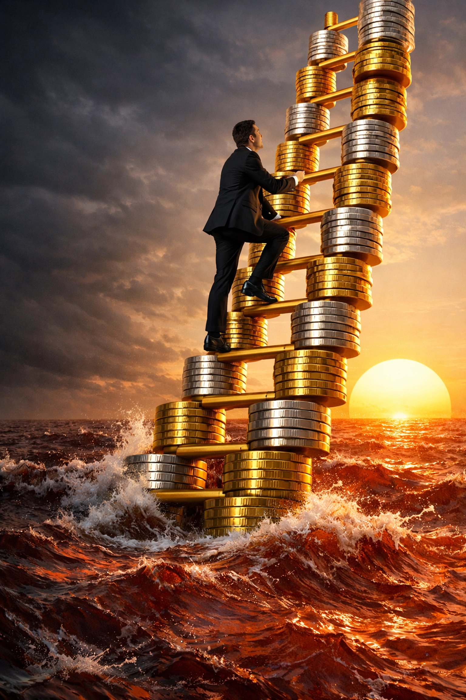 Investor using a gold coin ladder to rise above a market crash, highlighting investment tips India for SIP growth.