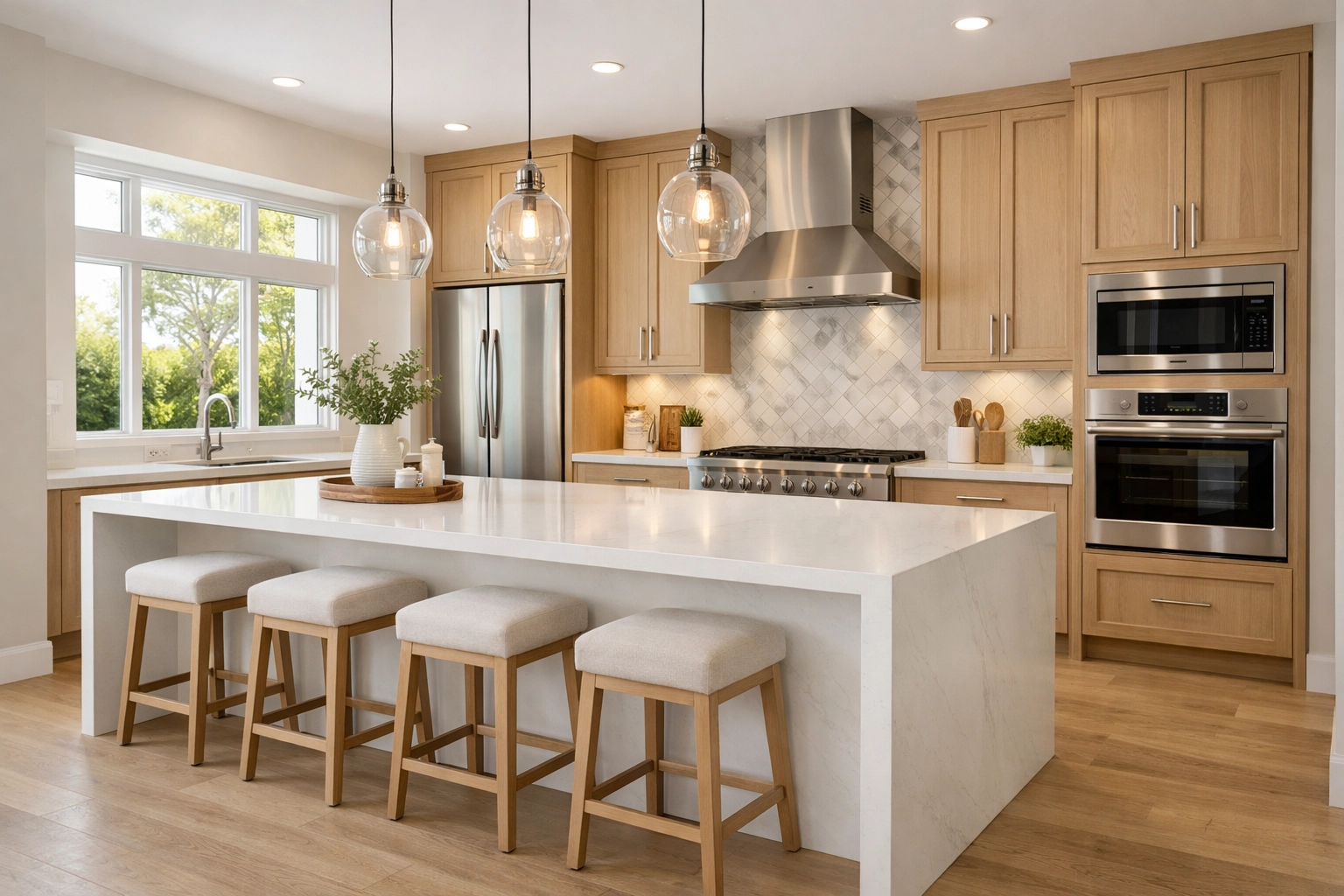 Modern kitchen remodeling Orlando featuring a white quartz waterfall island and light-oak custom cabinetry.