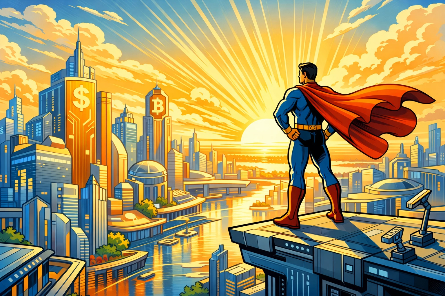 Superhero overlooking a secure city representing a compliant ACH payment processing network.