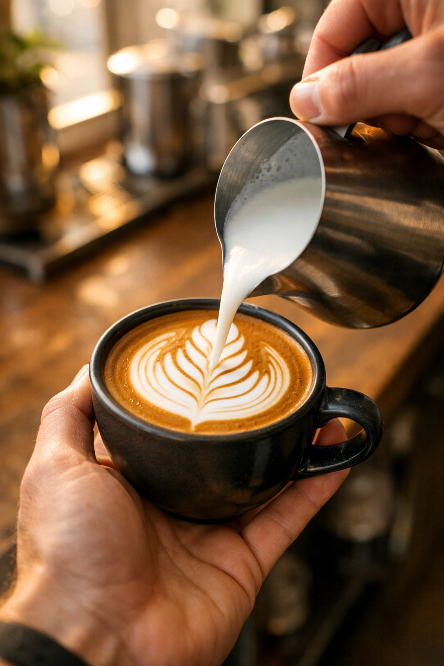 A barista pouring steamed milk into an espresso to create latte art during professional training.