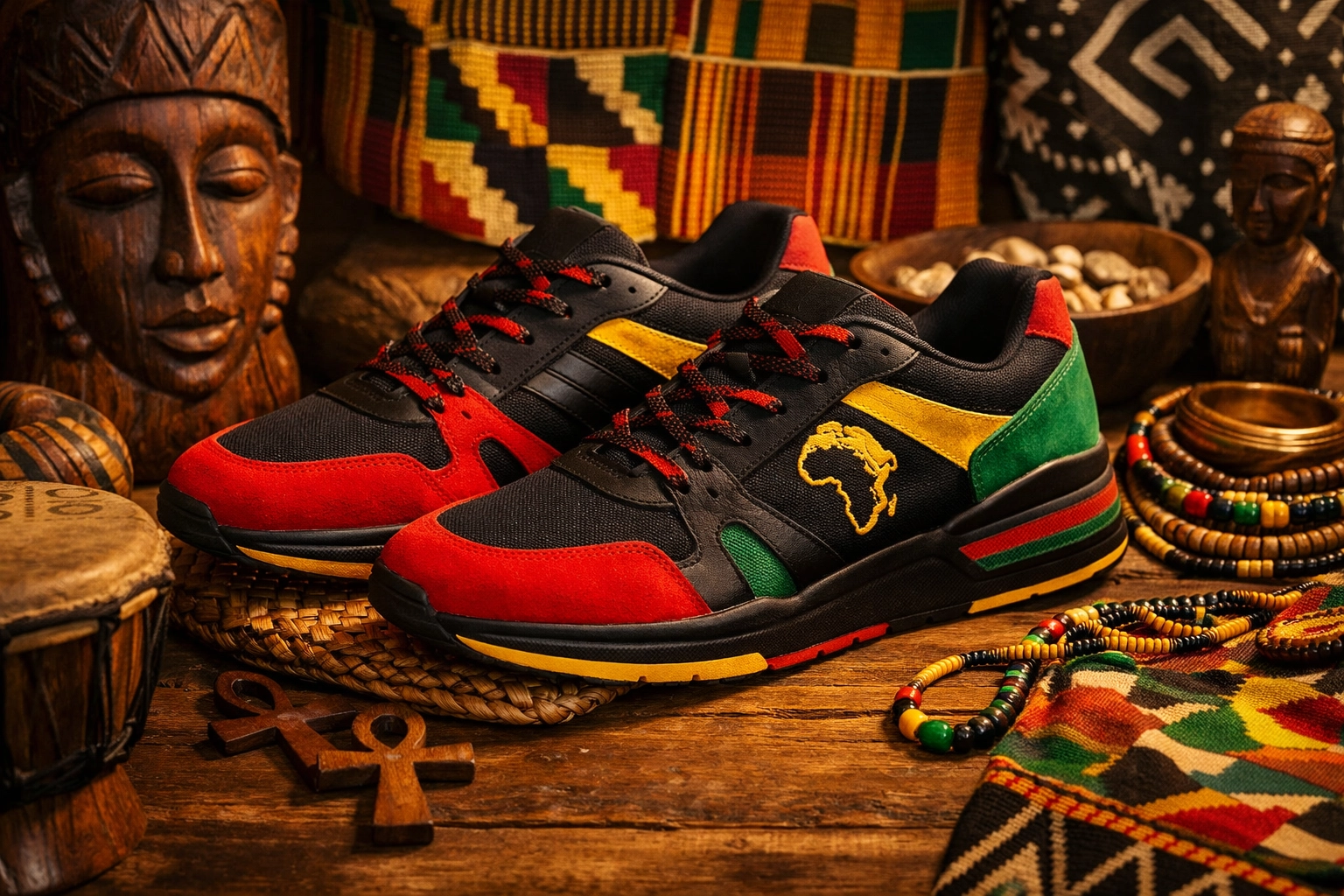 Premium Black-owned sneakers in Pan-African colors displayed with African cultural textiles, highlighting Nagast Footwear’s unique aesthetic with no mainstream logos
