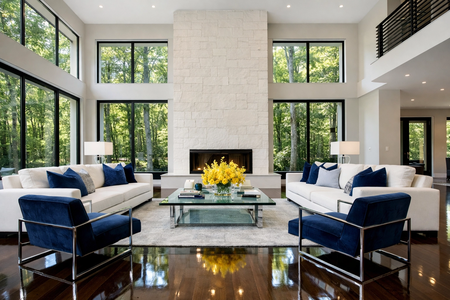 High-end residential house cleaning Lincoln MA for luxury estate living rooms with polished hardwood floors.