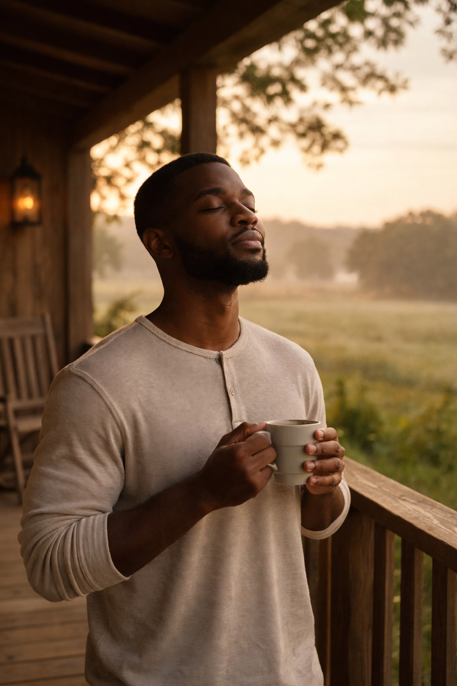 Black man enjoying a peaceful sunrise on a rural porch, symbolizing personal growth and peace