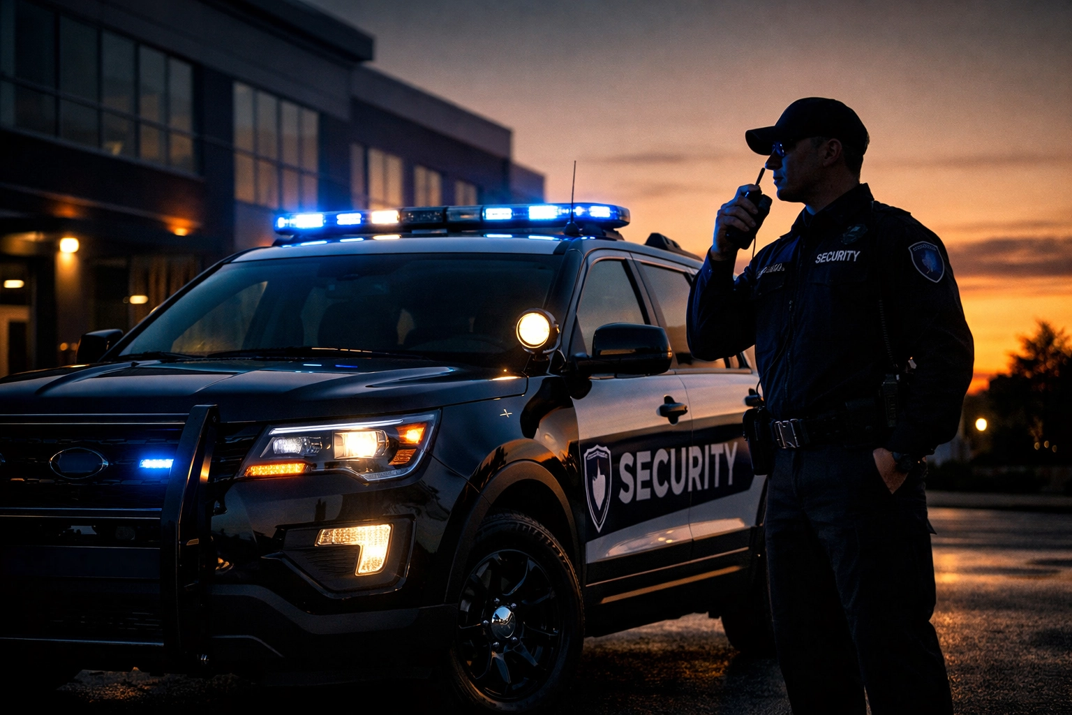 Professional security patrol vehicle in Northern Virginia at dusk