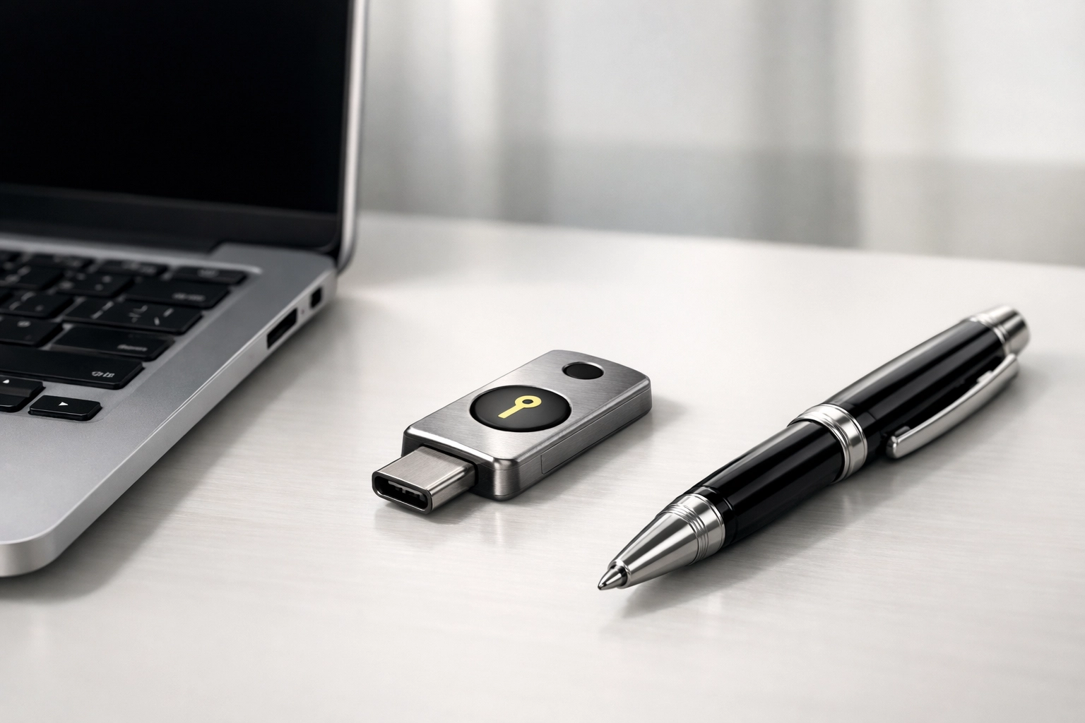 Professional tax preparer workspace with a laptop and hardware security key for ERO data protection.