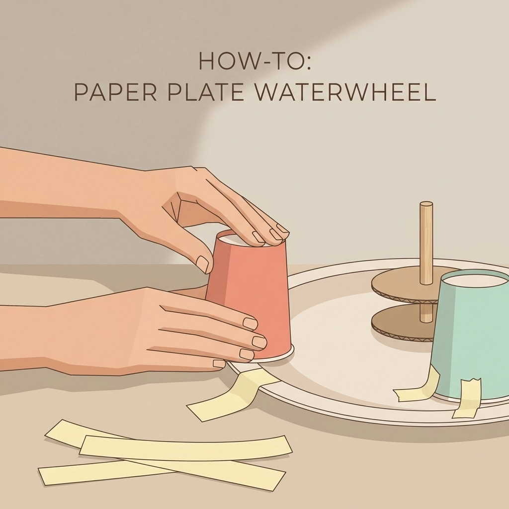 Hands attaching a cup to a paper plate during the assembly of a homemade waterwheel