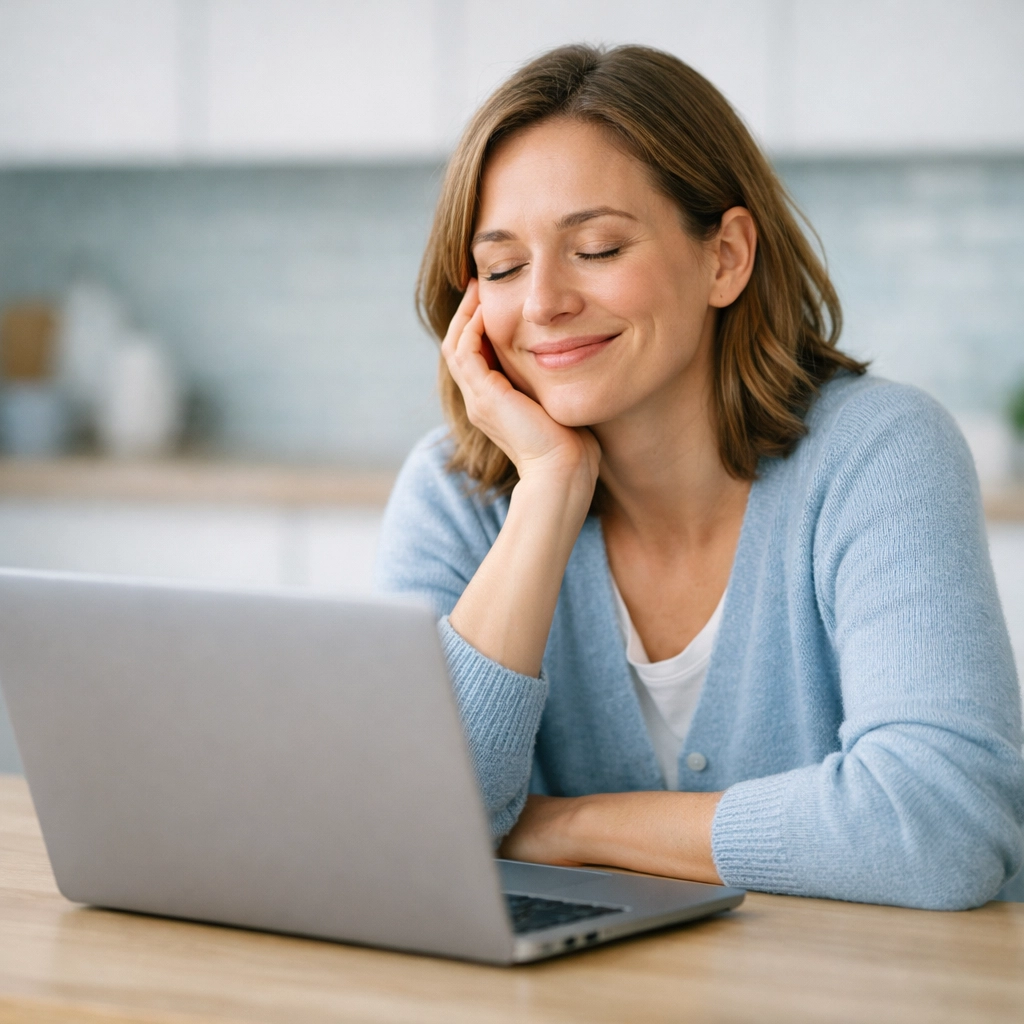 Smiling woman relieved after receiving an emergency loan online in a modern kitchen.