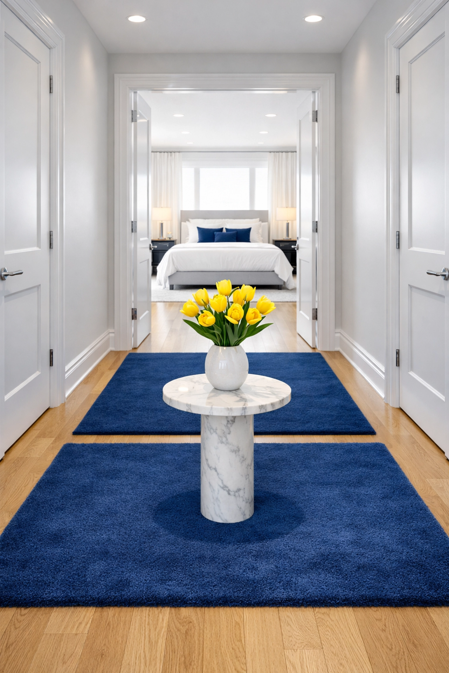 Modern master suite hallway with vacuumed rugs showing the results of professional cleaning in Cohasset Harbor.