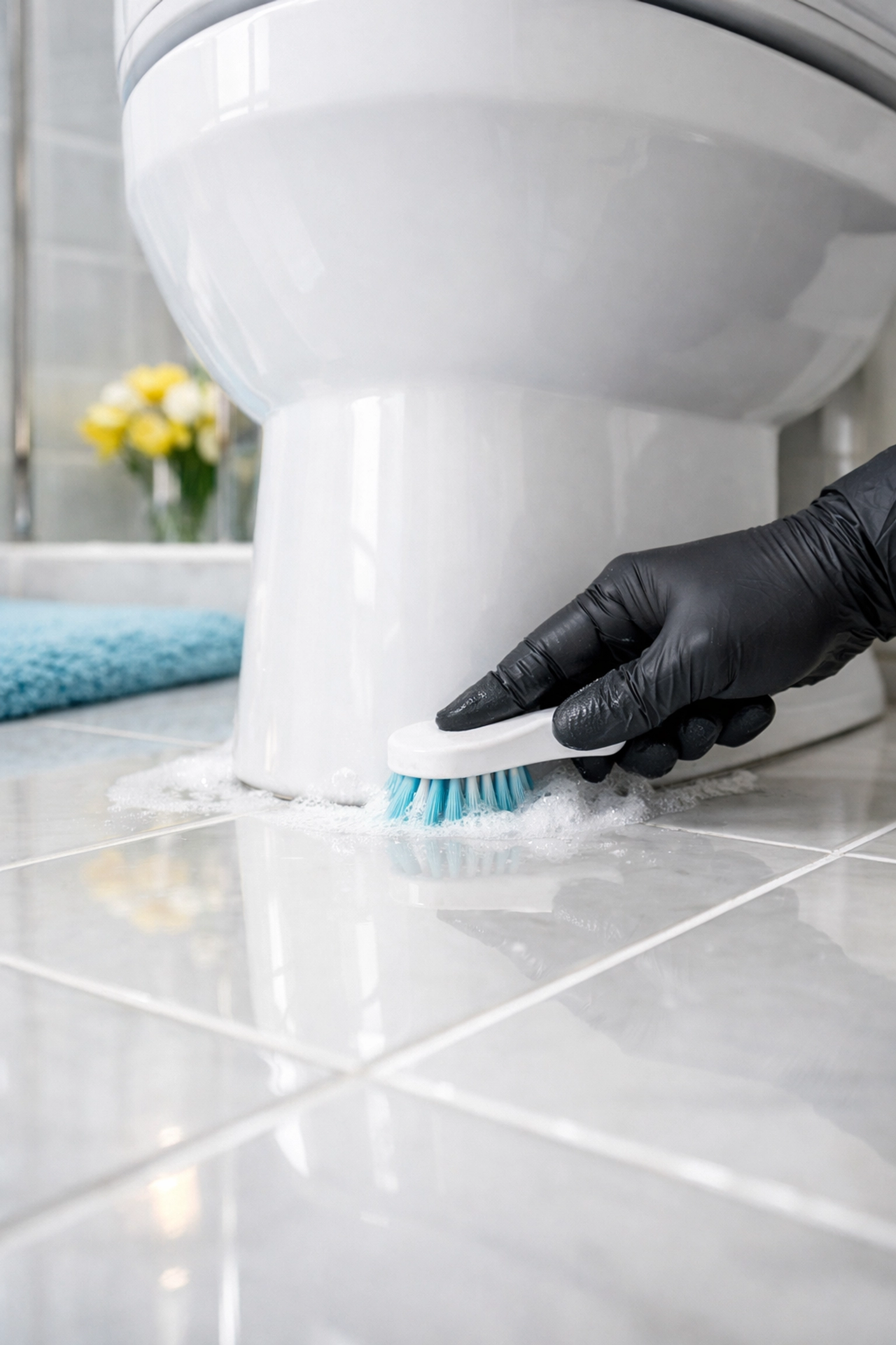 Meticulously cleaned bathroom tile and toilet base highlighting professional sanitation details.