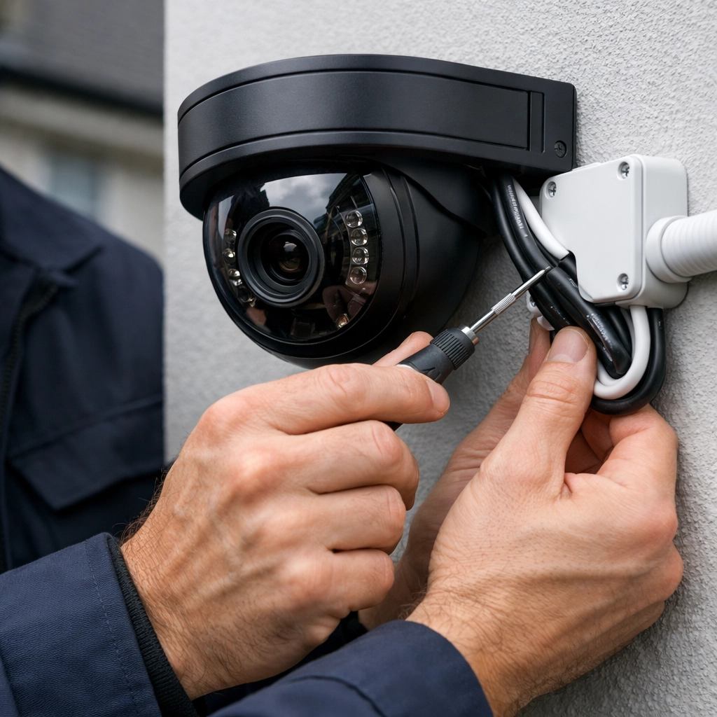 Expert technician performing a tidy CCTV installation Stroud on a residential property exterior.