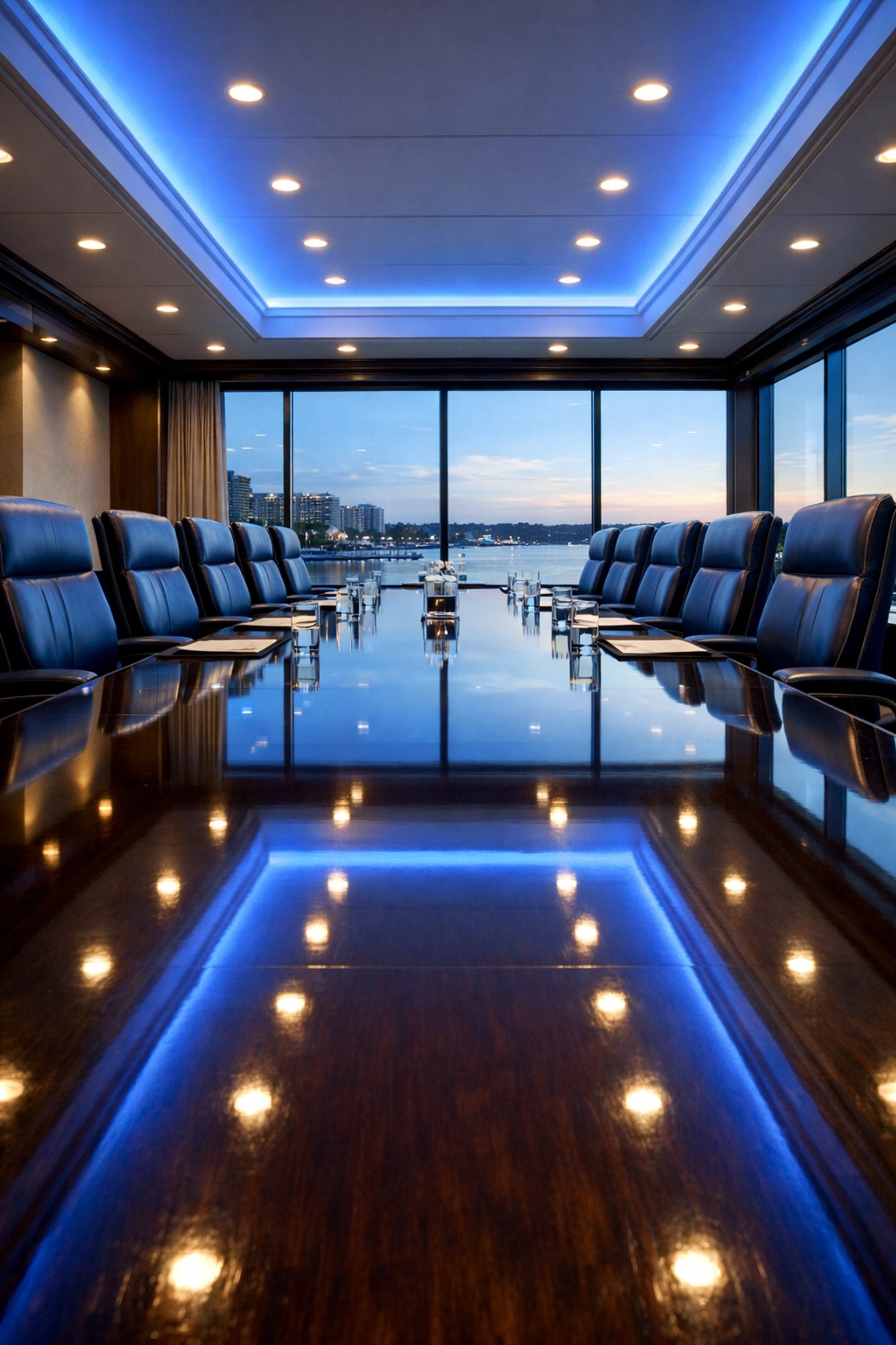 Polished executive boardroom table and spotless office interior with professional office cleaning in Lynn.