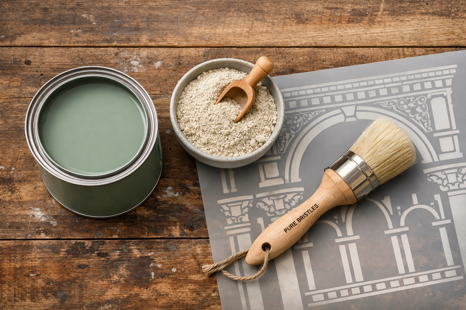 Essential furniture painting tools including mineral paint, texture powder, and a large architectural stencil.