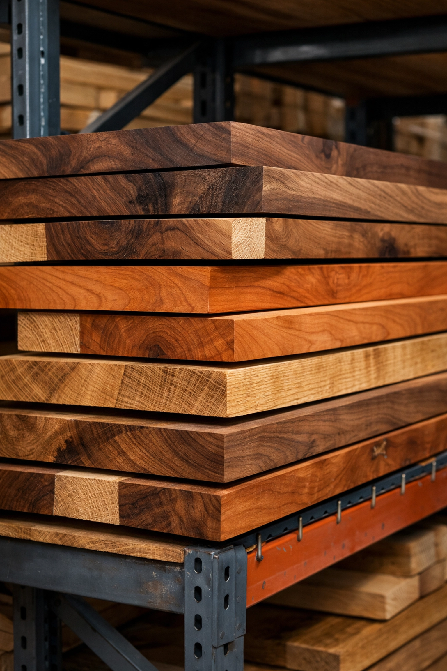 Inventory of premium hardwood lumber organized on shelving in a climate-controlled woodworking facility.