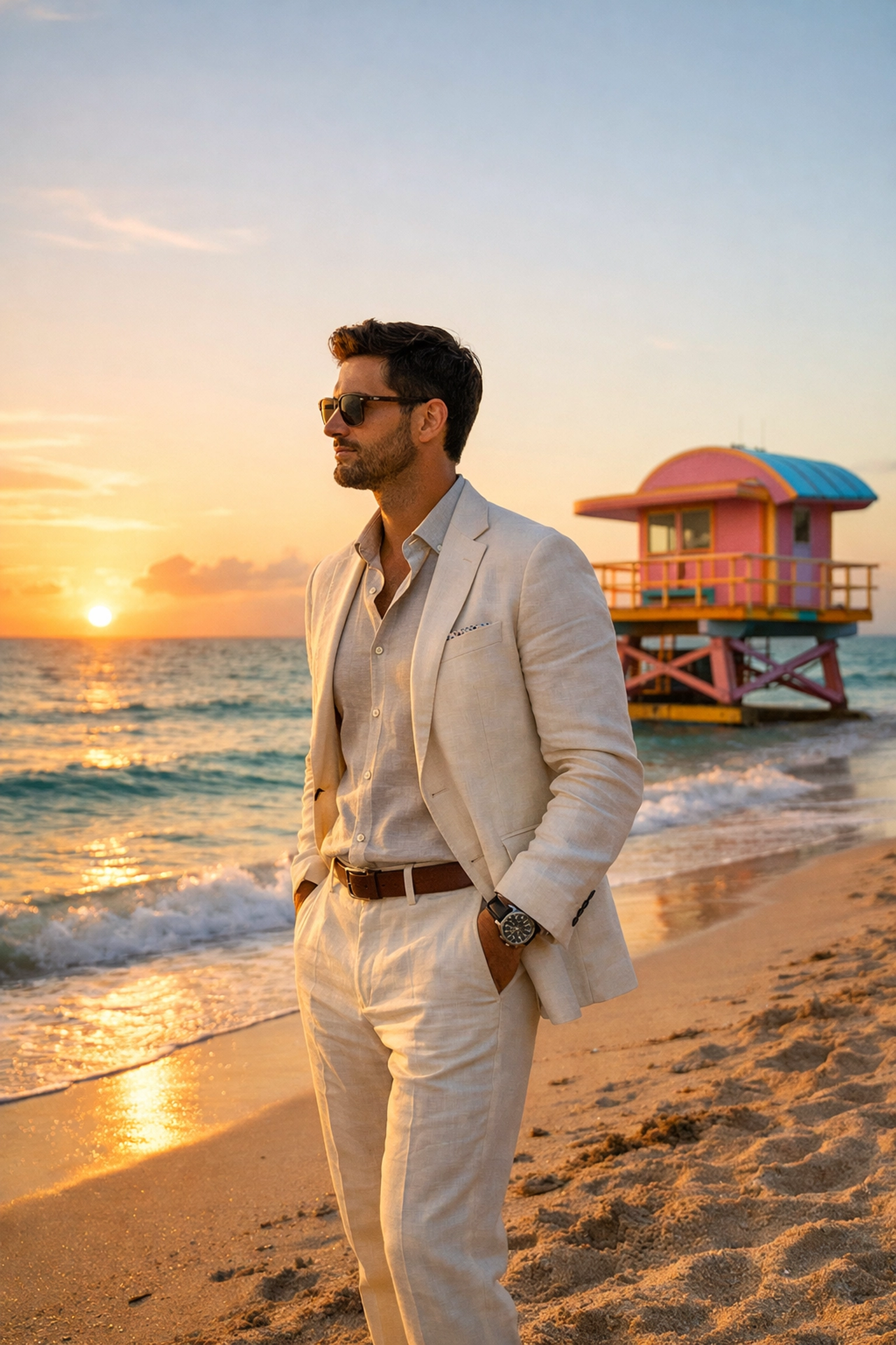 Lifestyle brand photography at South Beach featuring a professional during the sunset magic hour.