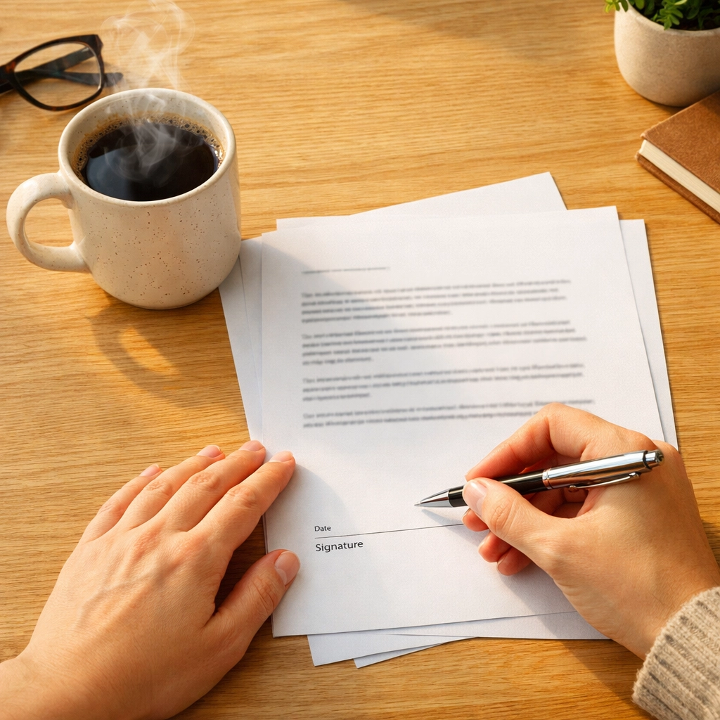 Signing legal documents at a coffee shop, a perfect example of a mobile notary near me in the Philly area.