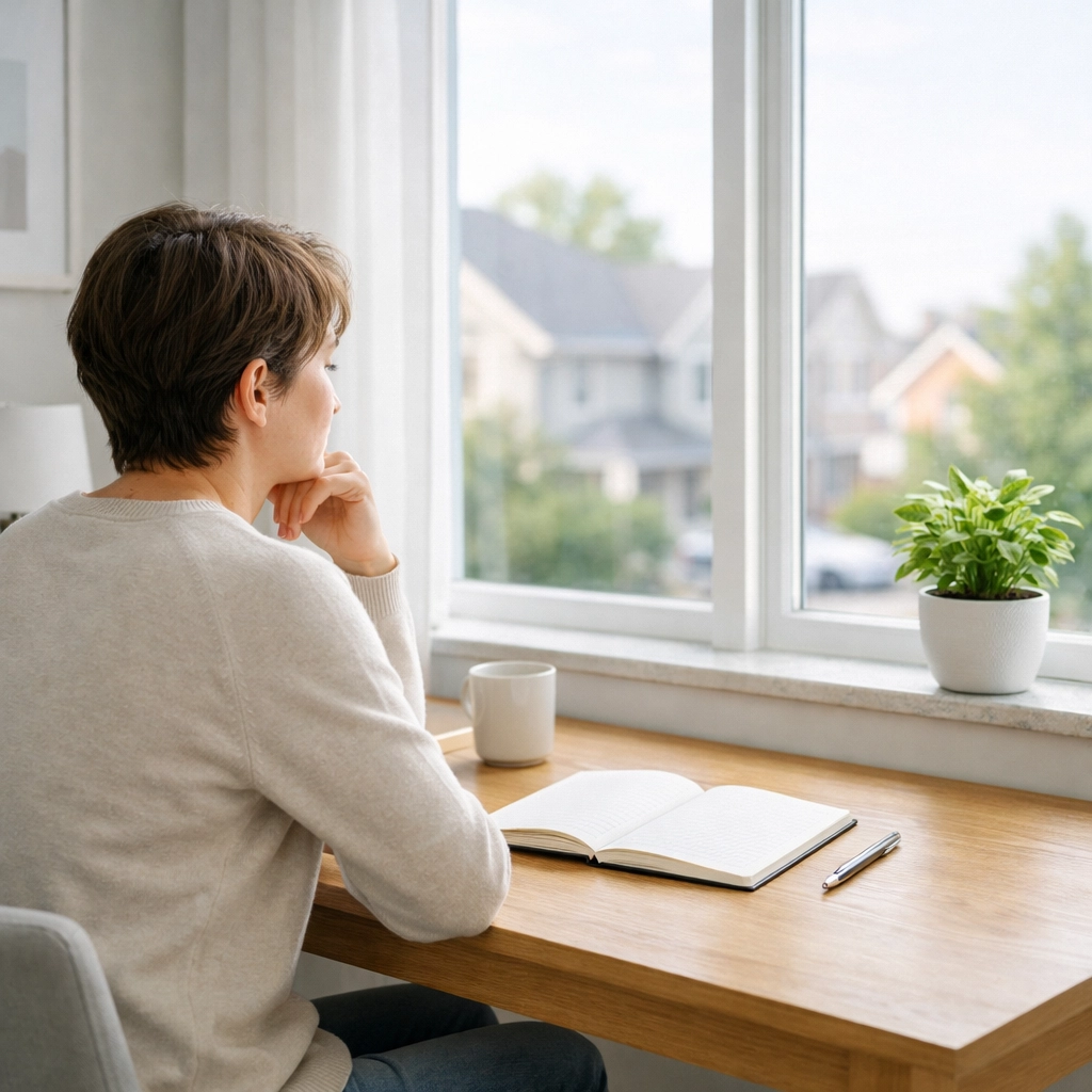 Person planning real estate move at home desk in Philadelphia with natural light and notebook