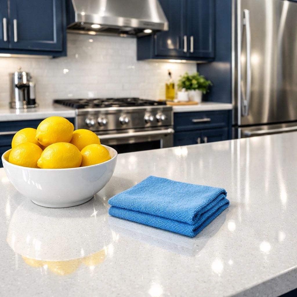 Sparkling clean Worcester kitchen with white quartz countertops and polished stainless steel appliances.