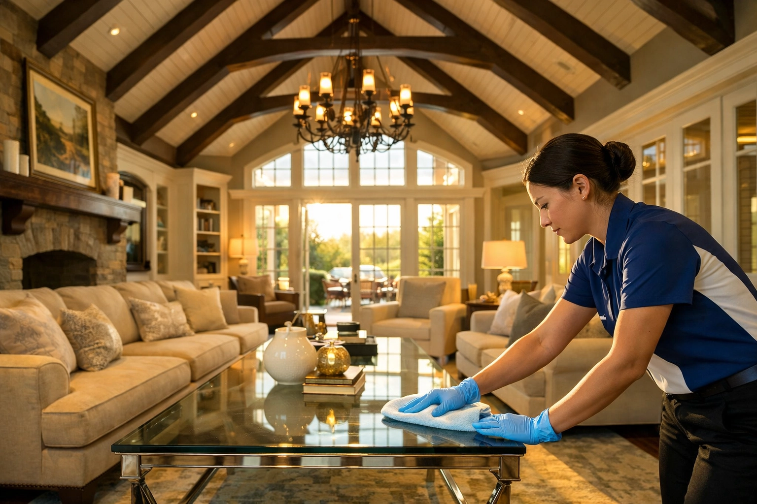 A professional cleaner providing luxury house cleaning in Weston for a high-end estate.