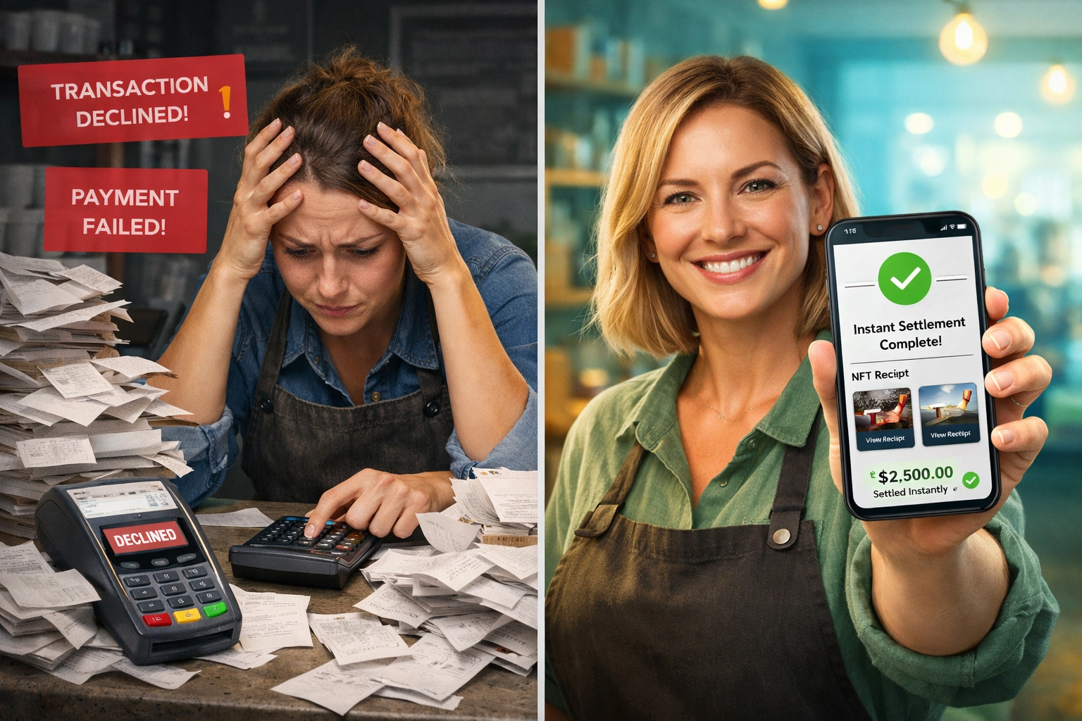 Self-custody crypto wallet vs traditional POS system showing instant payments and lower merchant fees