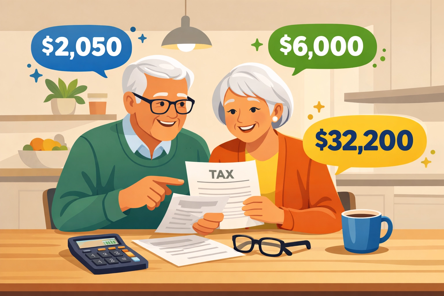 Senior couple reviewing 2026 tax deductions and standard deduction amounts at home