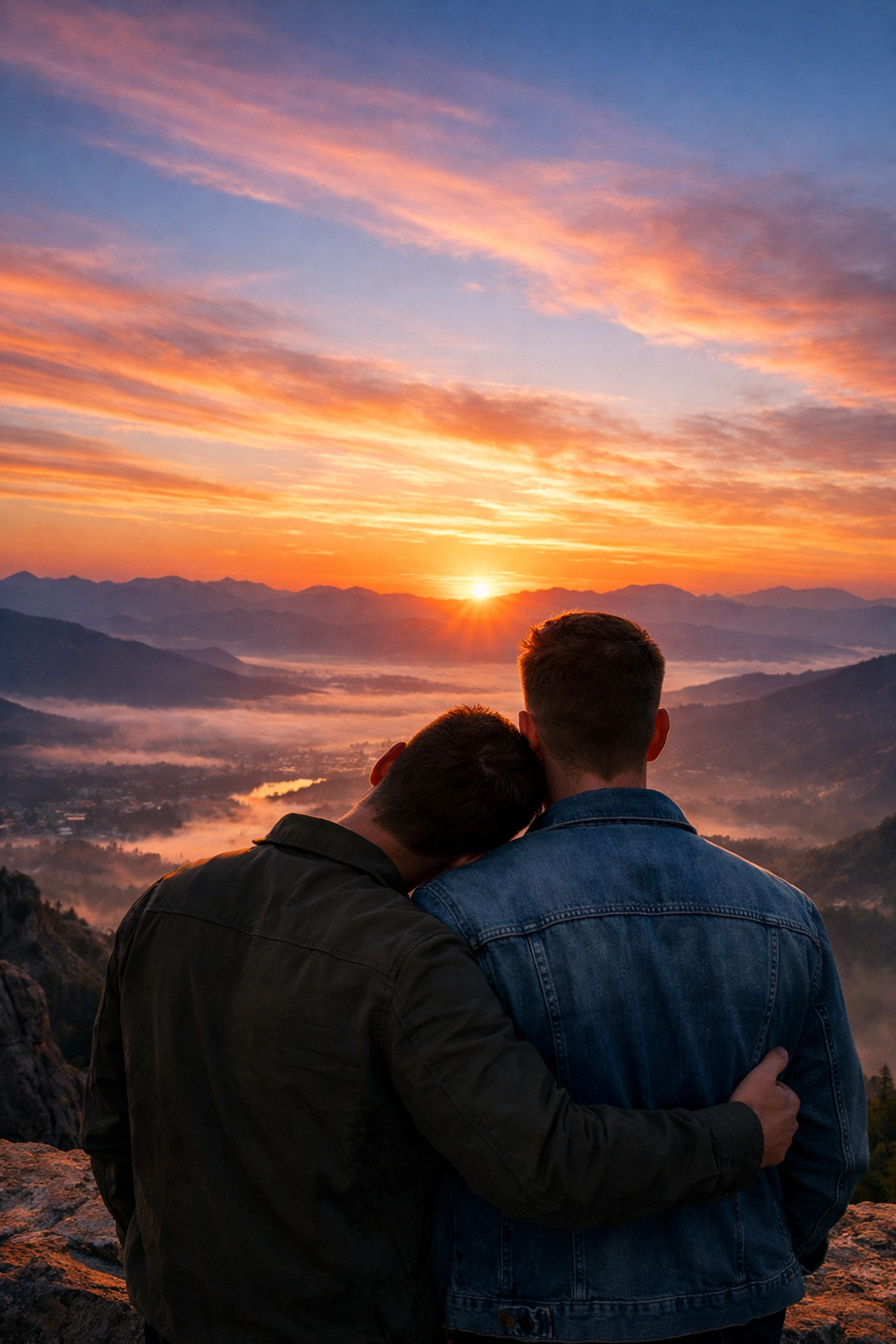 Two gay men watching a sunrise over a valley, symbolizing hope and LGBTQ+ resilience in future healing.