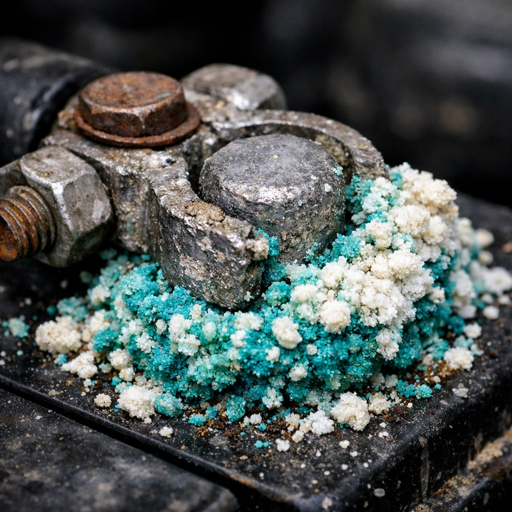 Extreme corrosion on a car battery terminal preventing a proper electrical connection.