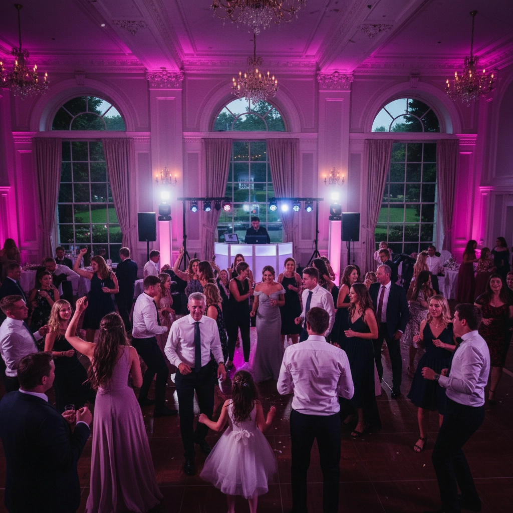 Elegant ballroom with pink lighting, couples and groups dancing, a DJ at the front. Large windows in the background set a lively party mood.