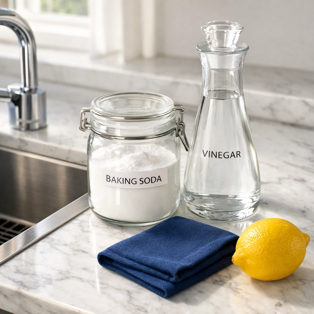 Baking soda and vinegar on a marble counter for deodorizing a smelly garbage disposal.