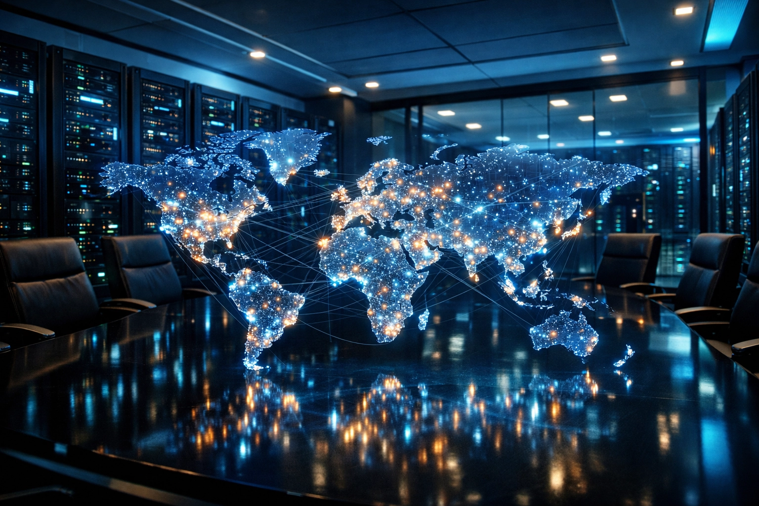 A holographic global map showcasing a network of hundreds of IT carriers and technology solution providers.