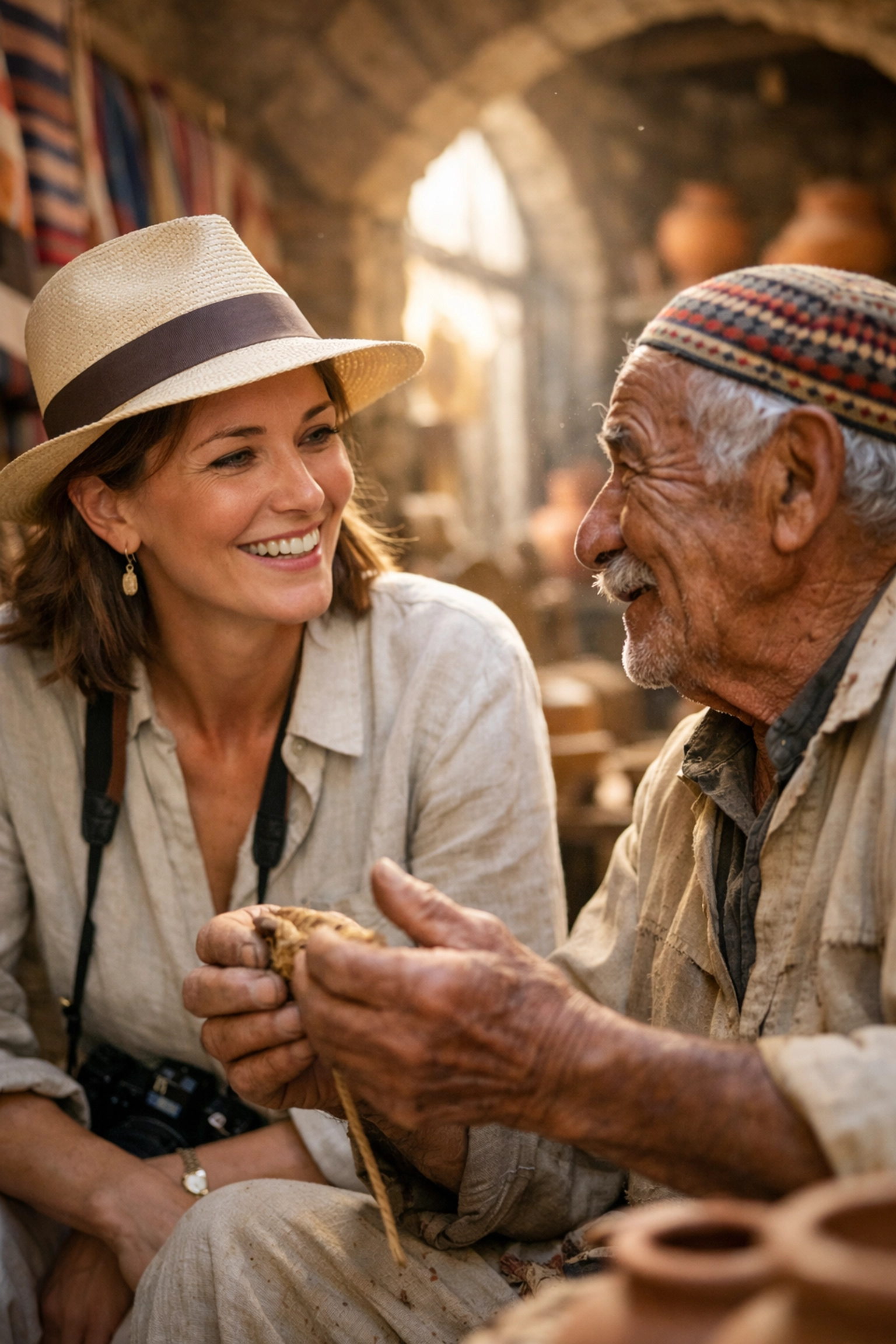 Sophisticated traveler engaging with a local artisan for authentic cultural immersion and discovery.